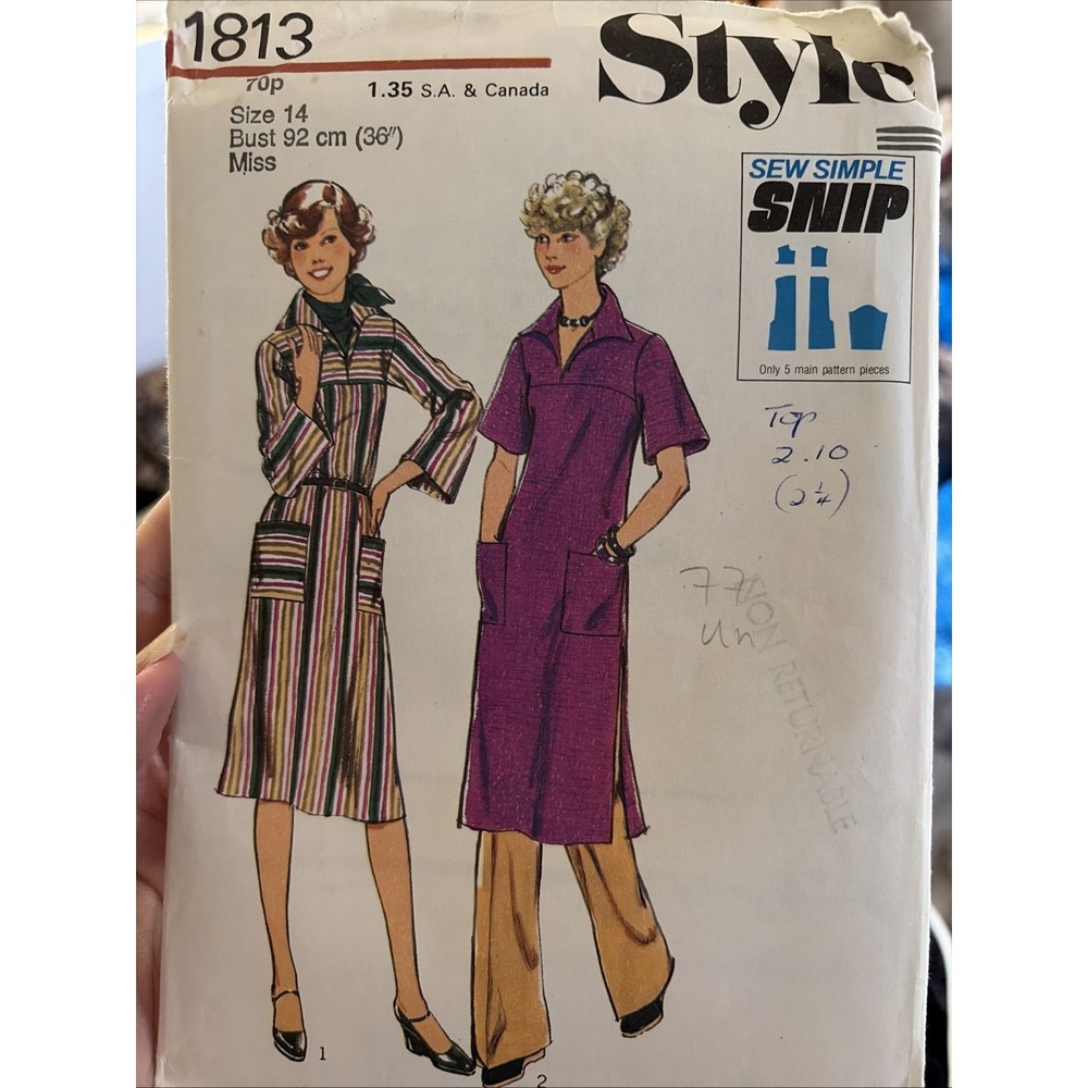 Vintage Style Sewing Pattern 1813 Misses Dress Tunic Size 14 Bust 36 Uncut 1977